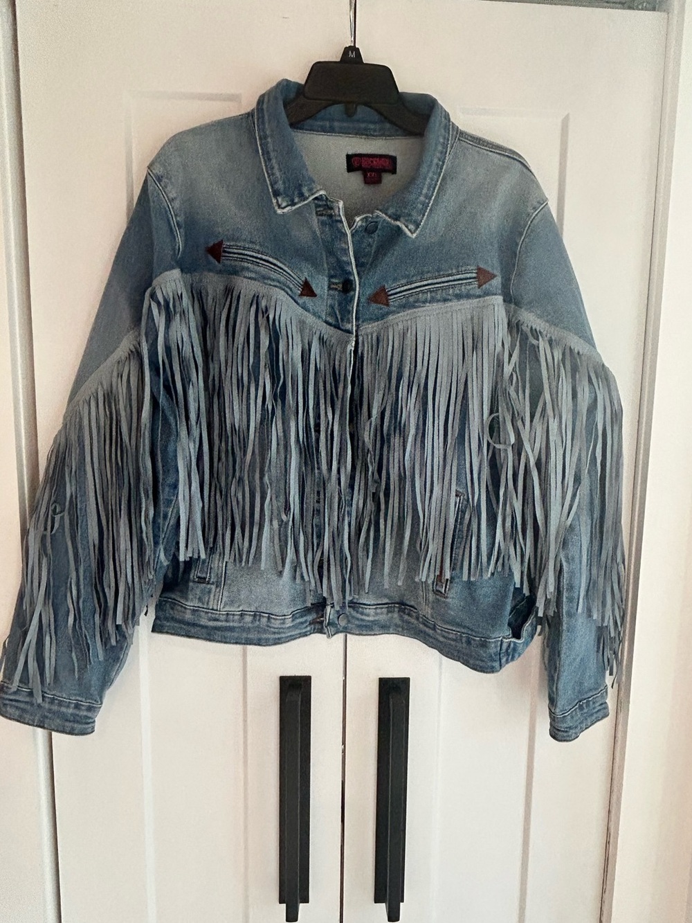 Rock & Roll Denim Light Wash Tonal Suede Fringe Button-Down Jacket - Picture 3 of 10